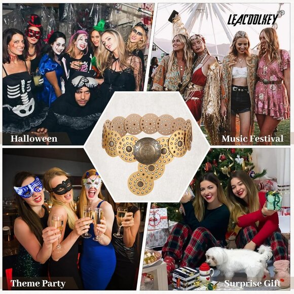 Women's Boho Disc Belt Wide Western Leather Belt Vintage Concho Waist Belts Gold - Picture 6 of 6